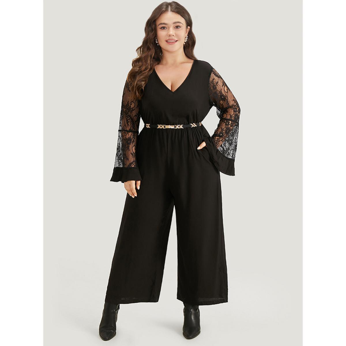 Plus Size Black Halloween Plain Mesh Eyelet Lace Pocket Jumpsuit Women Elegant Long Sleeve V-neck Festival-Halloween Loose Jumpsuits BloomChic 18-20/2X Product Image