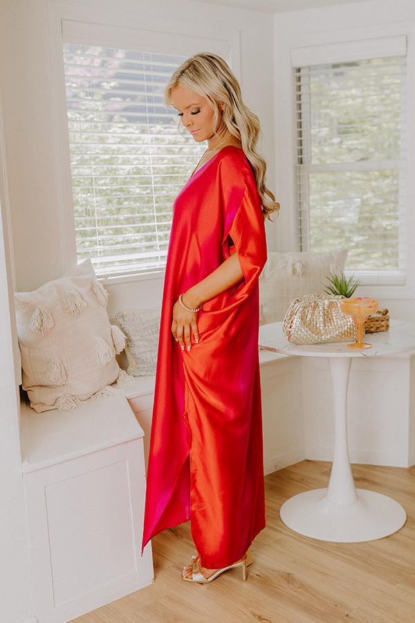 Moonlit Lagoon Satin Caftan Maxi Dress in Red Product Image