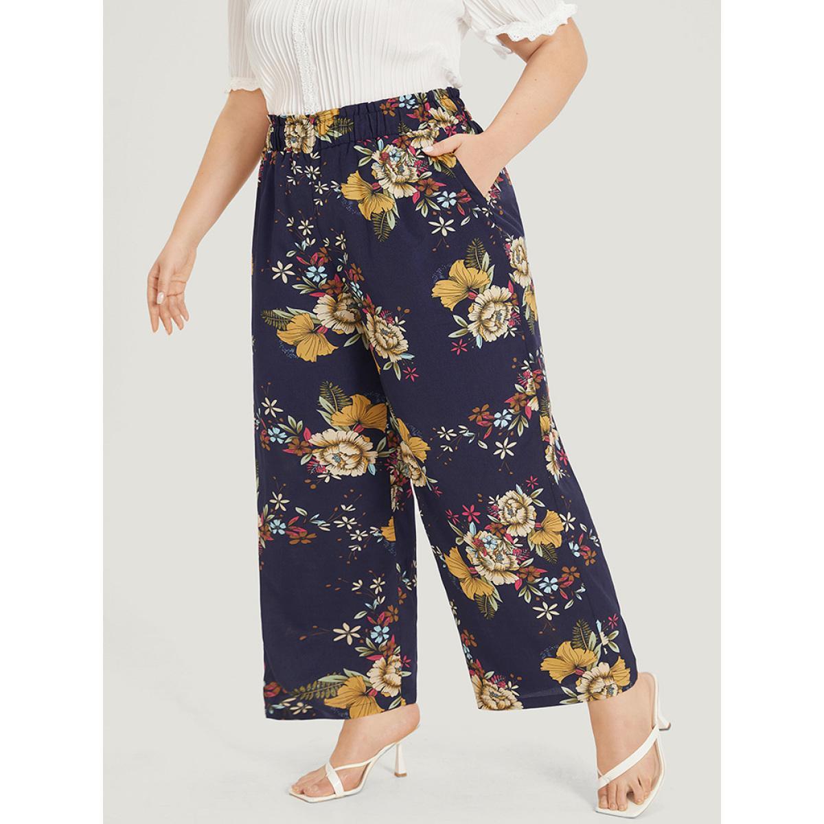 Plus Size Floral Print Pocket Elastic Waist Wide High Rise Pants Women Indigo Elegant Straight Leg High Rise Dailywear Pants BloomChic 18-20/2X Product Image