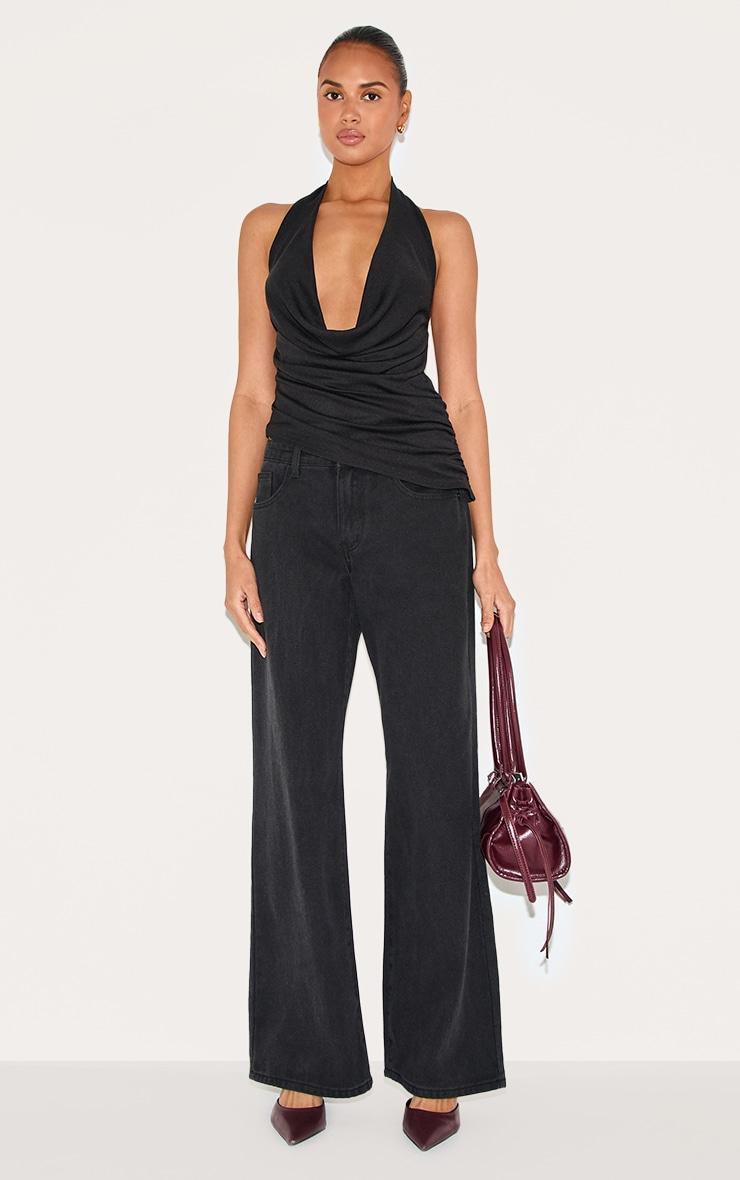 Black Burnout Mesh Cowl Neck Detail Long Top Product Image