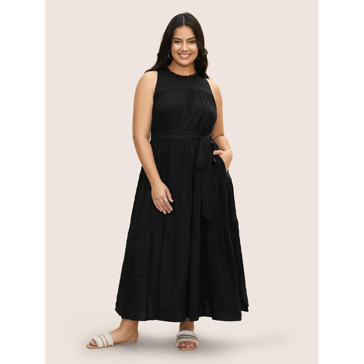 Plus Size Plain Textured A-line Frill Trim Dress Black Women Resort Texture Mock Neck Sleeveless Curvy BloomChic 28/5X Product Image