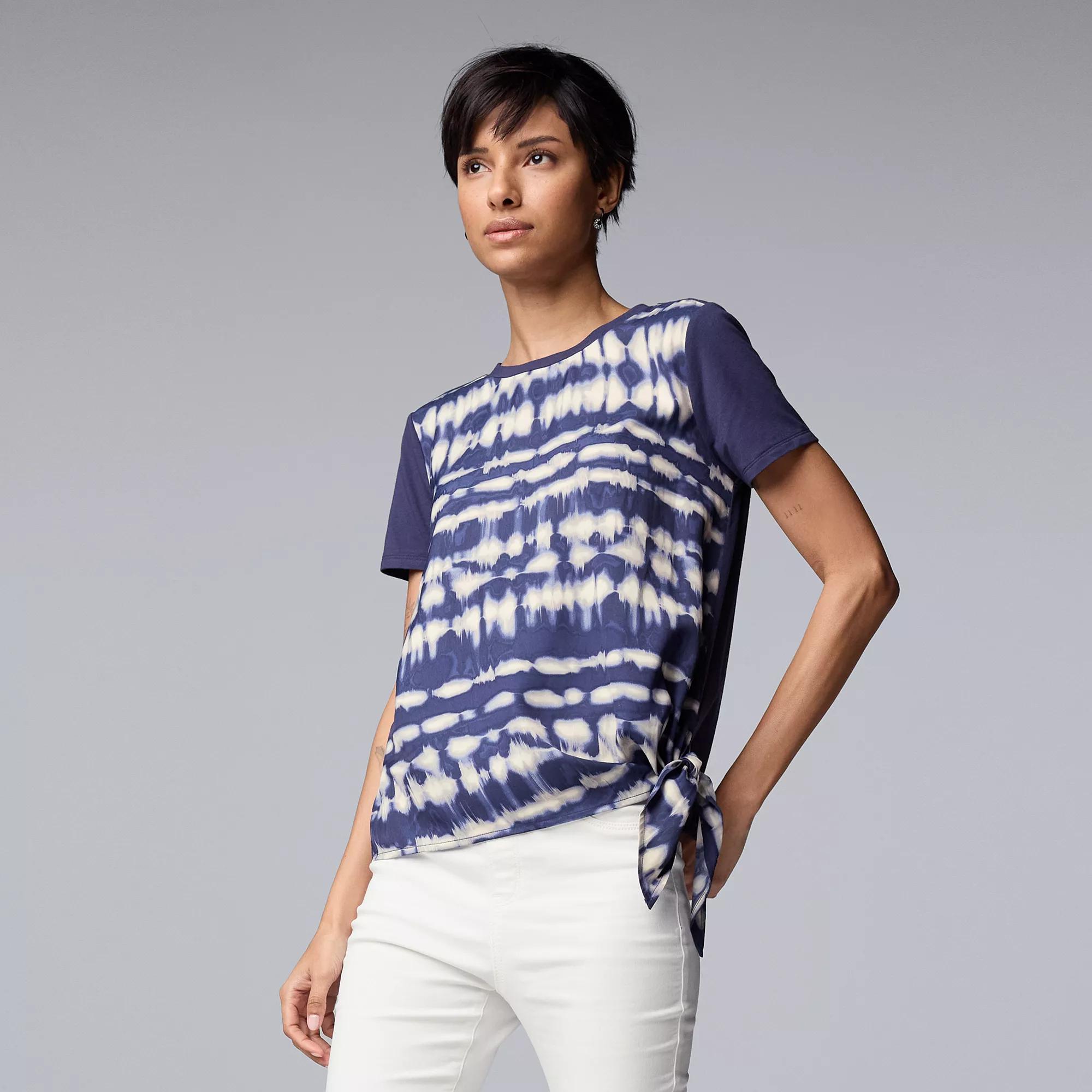 Petite Simply Vera Vera Wang Side Tie Tee, Womens Blue Stripe Dye Product Image