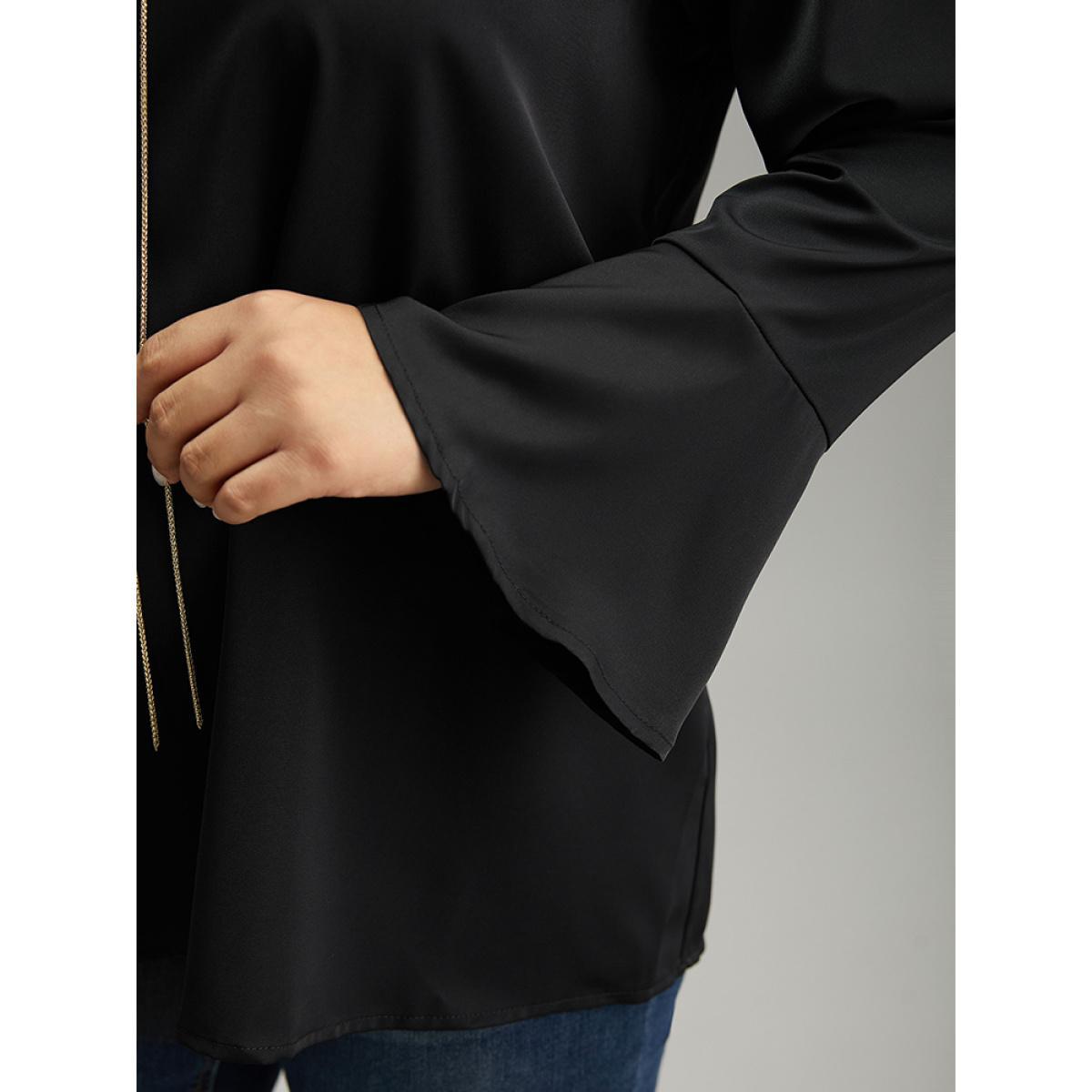 Plus Size Black Contrast Chain Bell Sleeve Eyelet Blouse Women Office Long Sleeve V-neck Work Blouses BloomChic 10/M Product Image