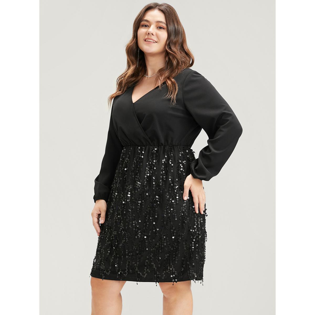 Plus Size Solid Patchwork Wrap Sequin Tassel Detail Dress Black Women Party Patchwork V-neck Long Sleeve Curvy Knee Dress BloomChic 12/L Product Image