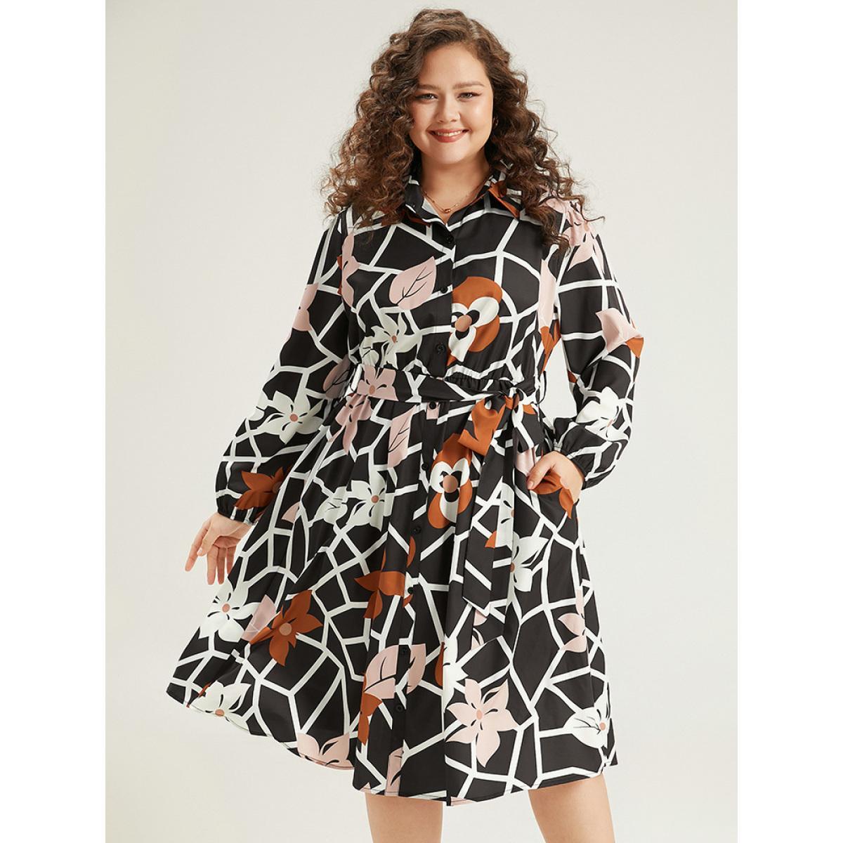 Plus Size Geometric & Plants Button Through Pocket Dress Multicolor Women Office Elastic cuffs Shirt collar Long Sleeve Curvy Midi Dress BloomChic 26/4X Product Image