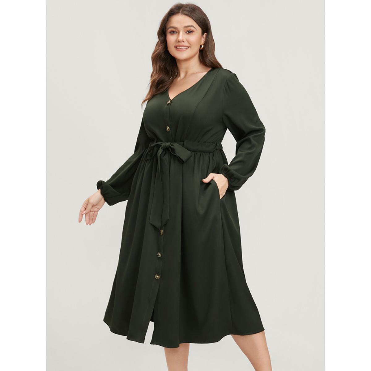 Plus Size Solid Button Through Pocket Lantern Sleeve Tie Up Dress ArmyGreen Women Office Belted V-neck Long Sleeve Curvy Midi Dress BloomChic 22-24/3X Product Image