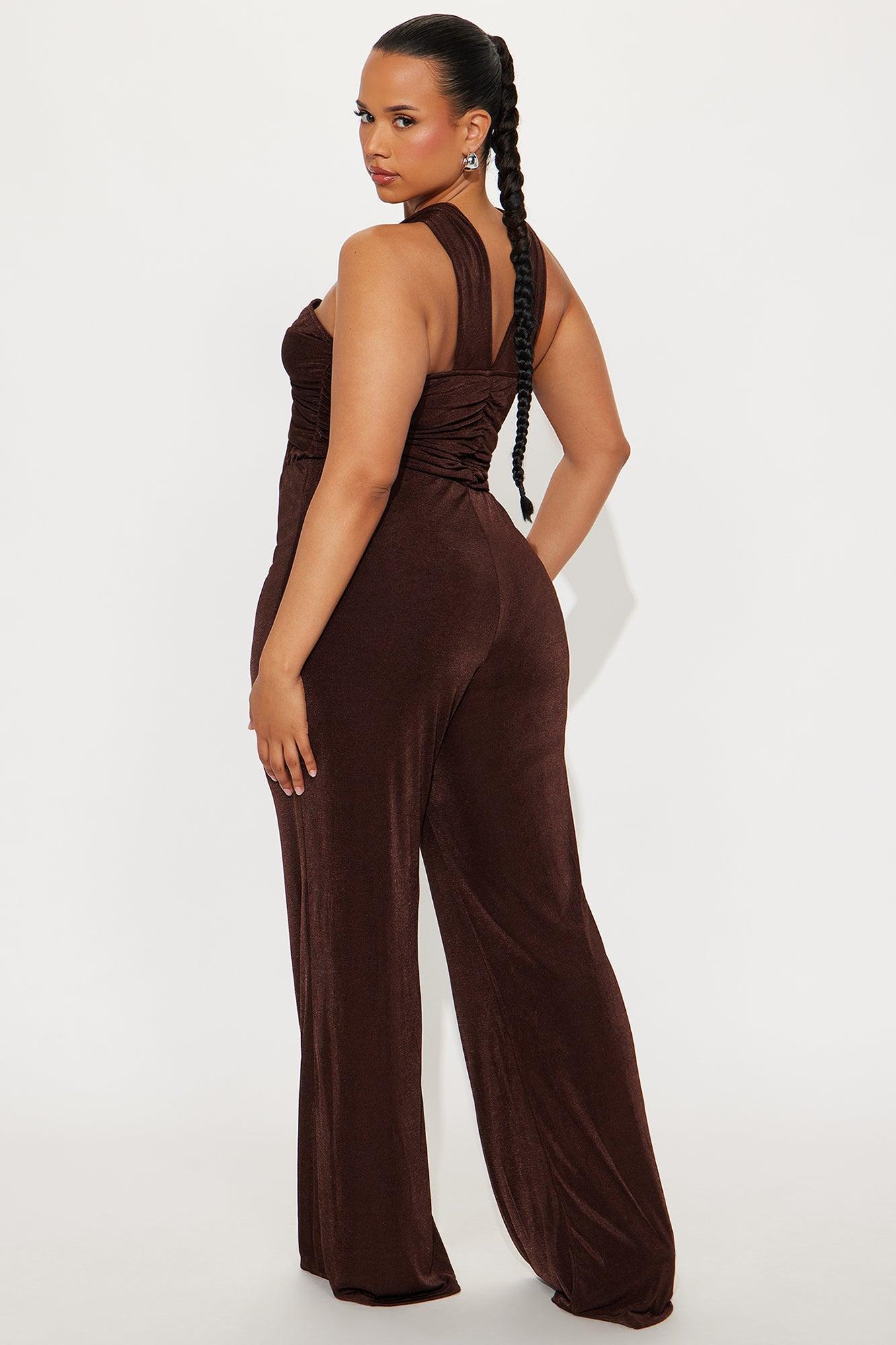 On Your Mind Slinky Wide Leg Jumpsuit - Chocolate Product Image