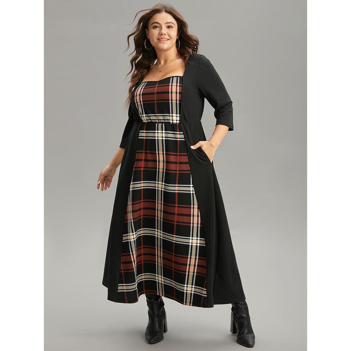 Plus Size Plaid Patchwork Contrast Square Neck Dress Black Women Casual Printed Square Neck Elbow-length sleeve Curvy Midi Dress BloomChic 12/L Product Image