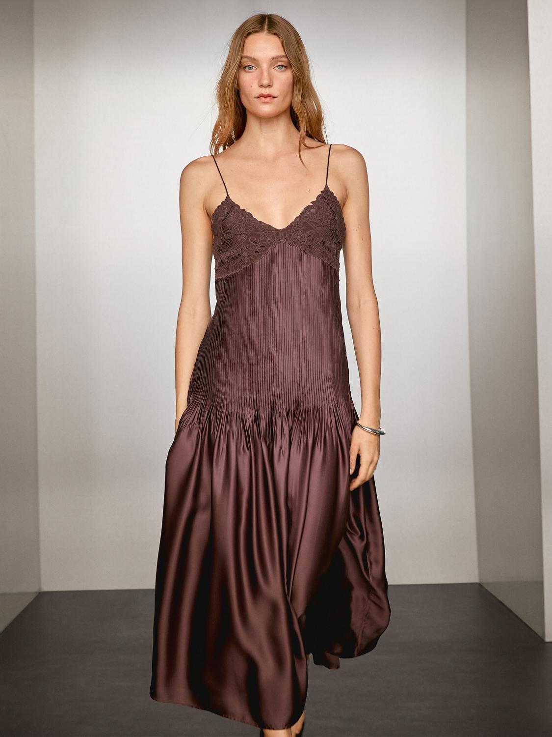 Flowing satin midi dress with straps Product Image