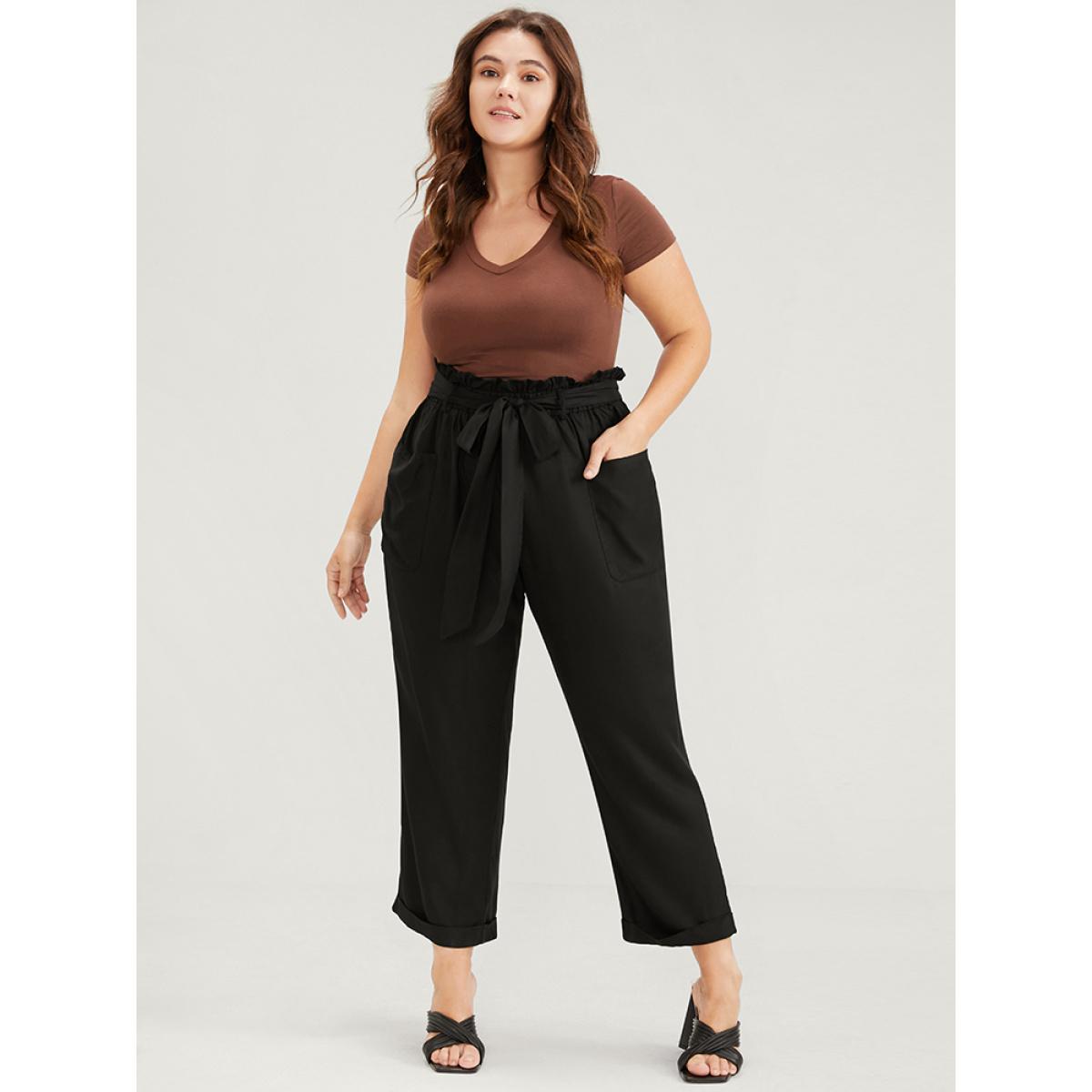 Plus Size Solid Pocket Front Paperbag Waist Belted Pants Women Black Casual High Rise Dailywear Pants BloomChic 30/6X Product Image