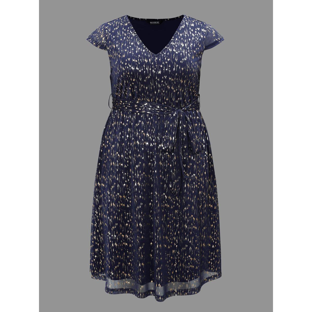 Plus Size Glitter Geometric Cap Sleeve Belted Dress Navy Women Cocktail Texture V-neck Cap Sleeve Curvy BloomChic 10/M Product Image