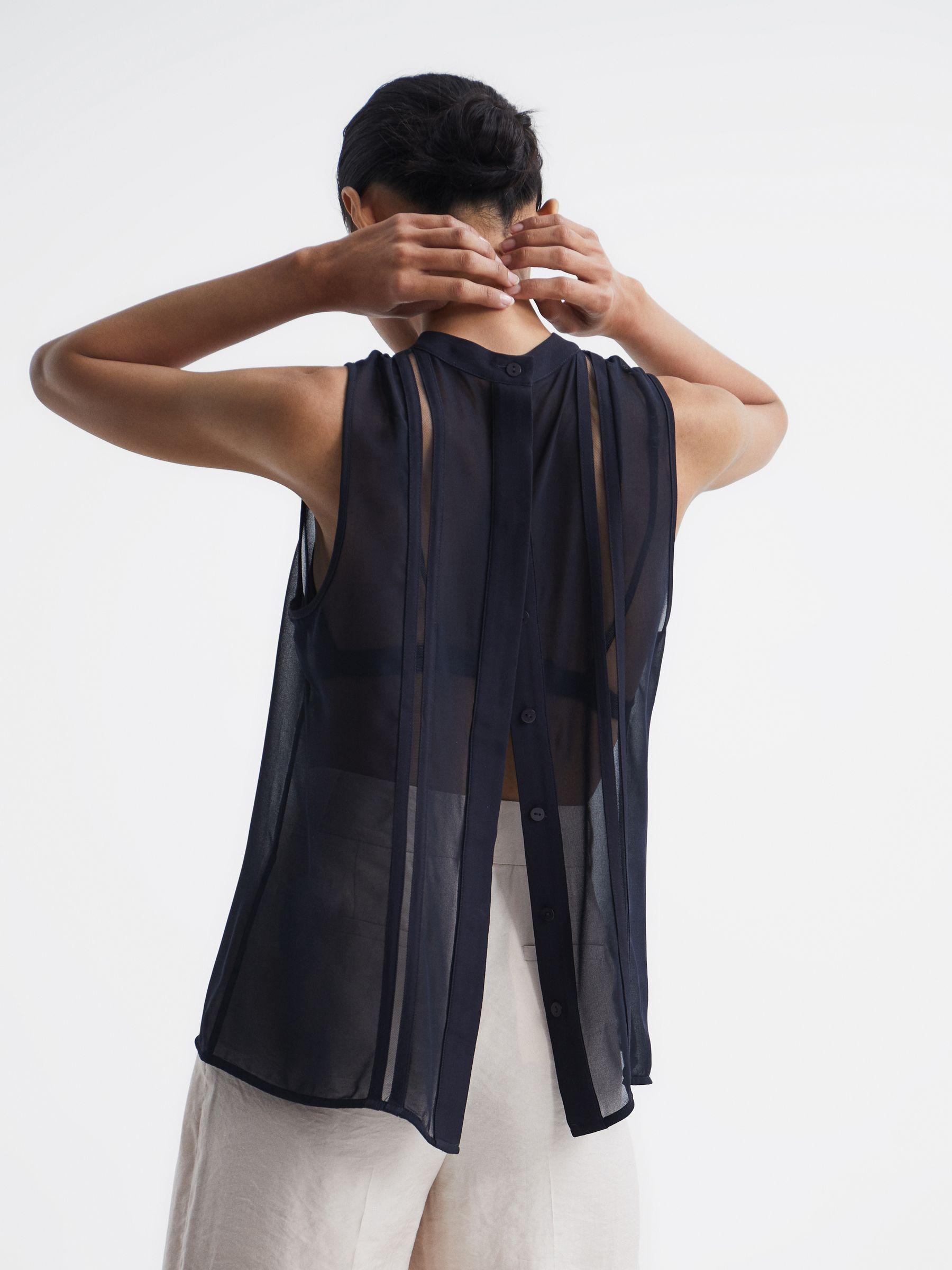 Sheer Striped Sleeveless Blouse in Navy Product Image