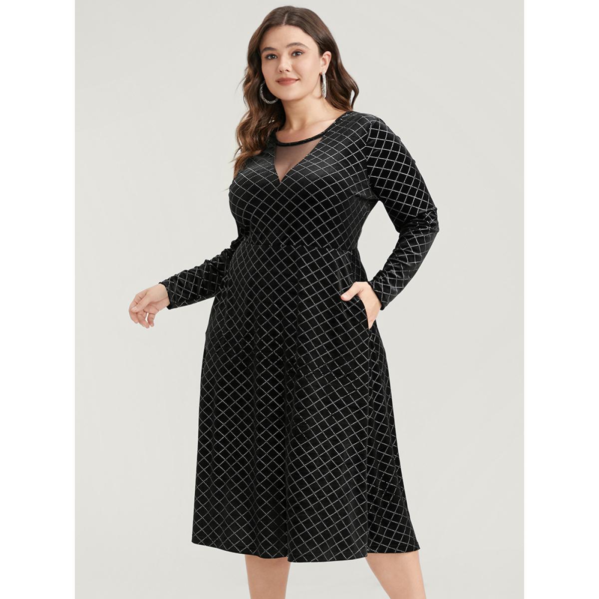 Plus Size Plaid Glitter Mesh Insert Pocket Velvet Dress Black Women Party Velvet Round Neck Long Sleeve Curvy Midi Dress BloomChic 12/L Product Image