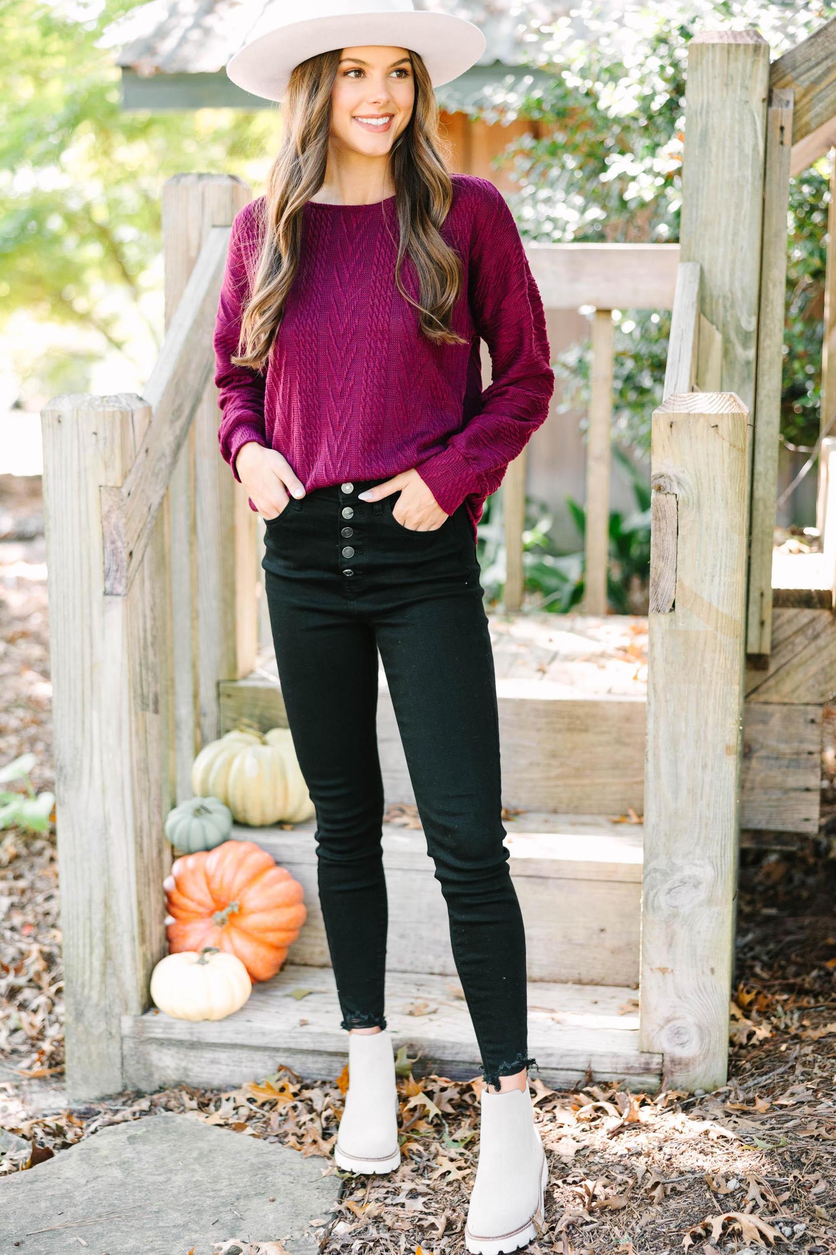 The Slouchy Wine Red Cable Knit Top Female Product Image