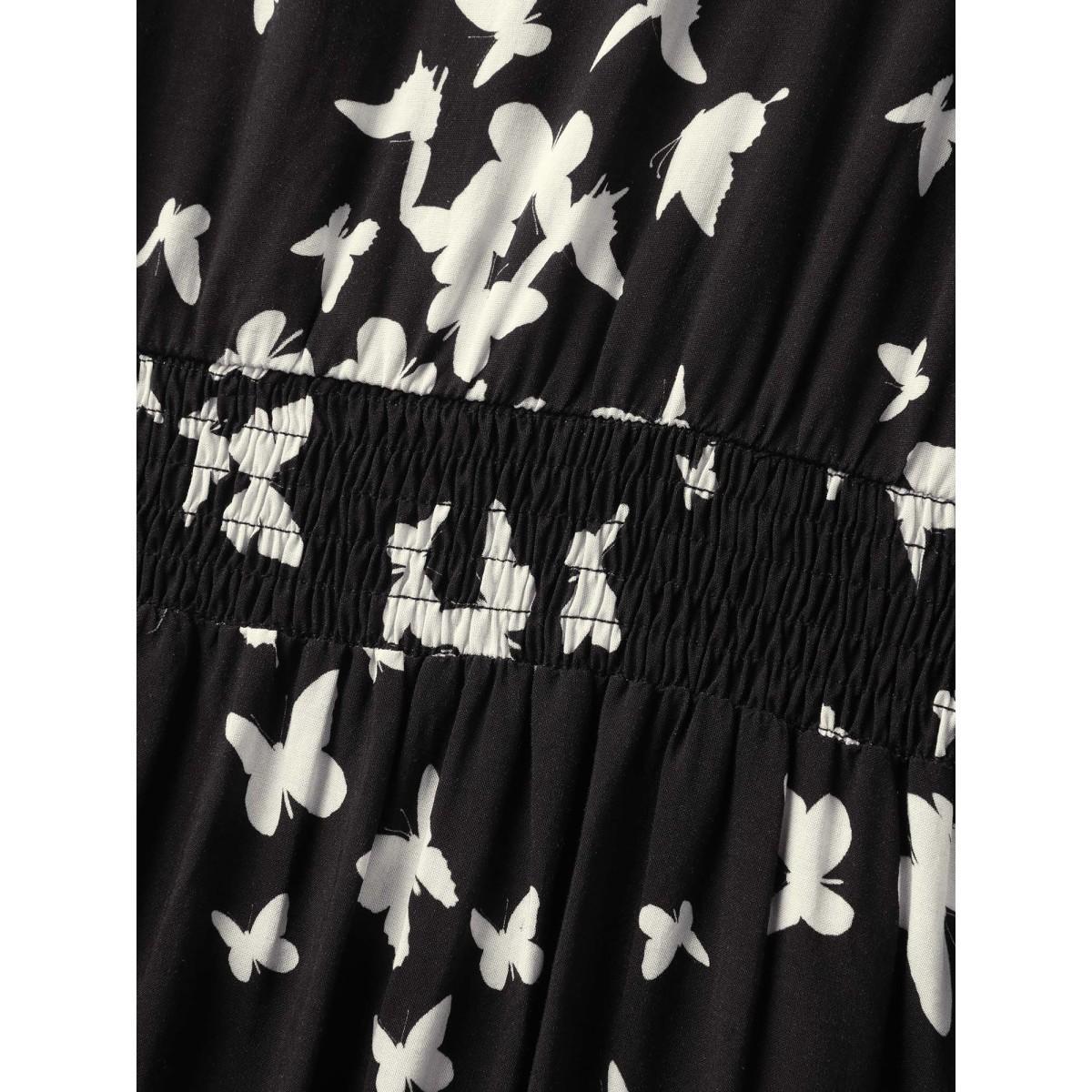 Plus Size Rayon Monochrome Butterfly Stretchy Midi Dress BlackFlower Women Boat Neck Cap Sleeve Curvy BloomChic 12/L Product Image