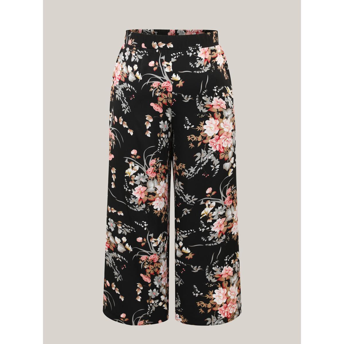 Plus Size Floral Print Pockets Wide-Leg Pants Women BlackFlower Elegant Wide Leg Mid Rise Everyday-Elegant Pants BloomChic 12/L Product Image