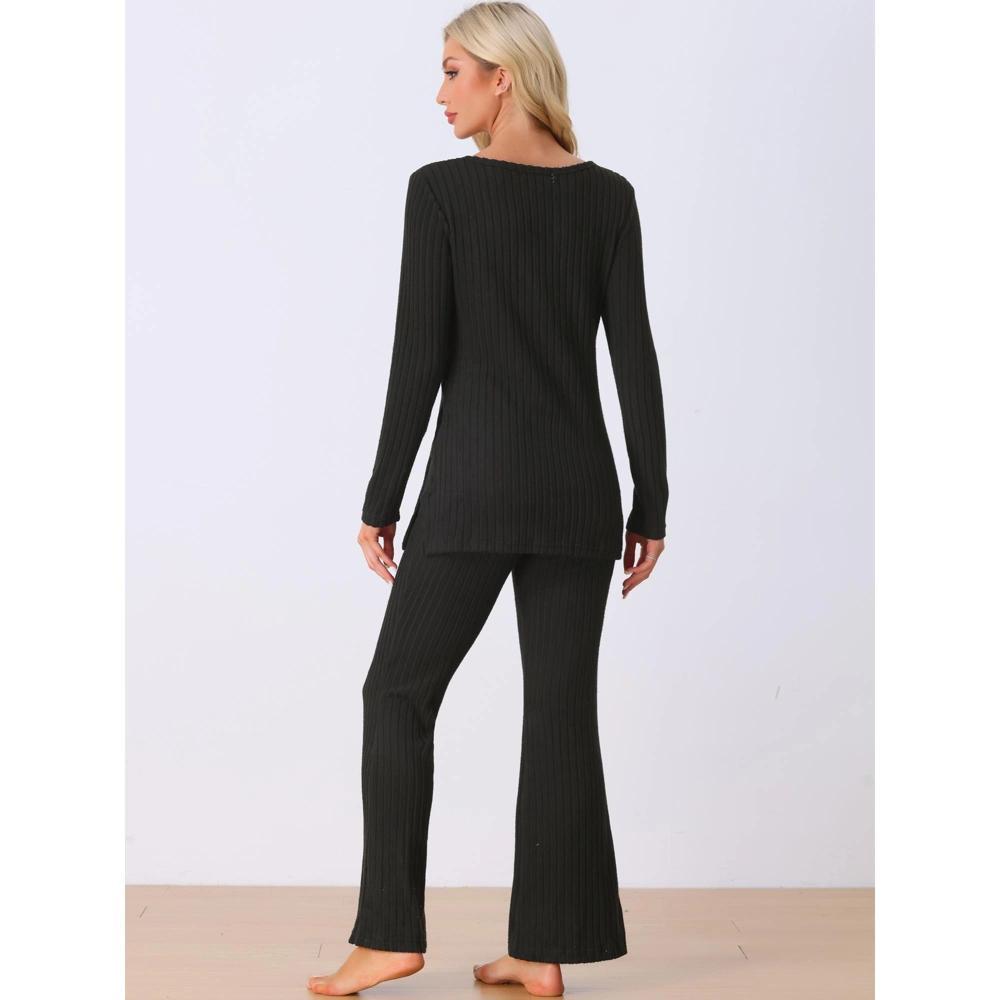cheibear Women’s Ribbed Knit Long Sleeves Top and Pants Two Piece Pajama Sets Product Image