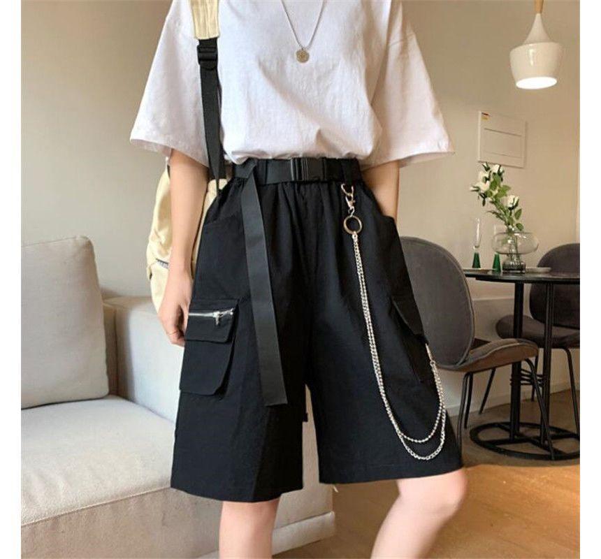 Elastic Waist Plain Cargo Bermuda Shorts Product Image