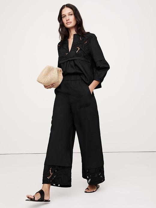 High-Rise Wide-Leg Embroidered Cotton Poplin Cropped Pull-On Pant Product Image