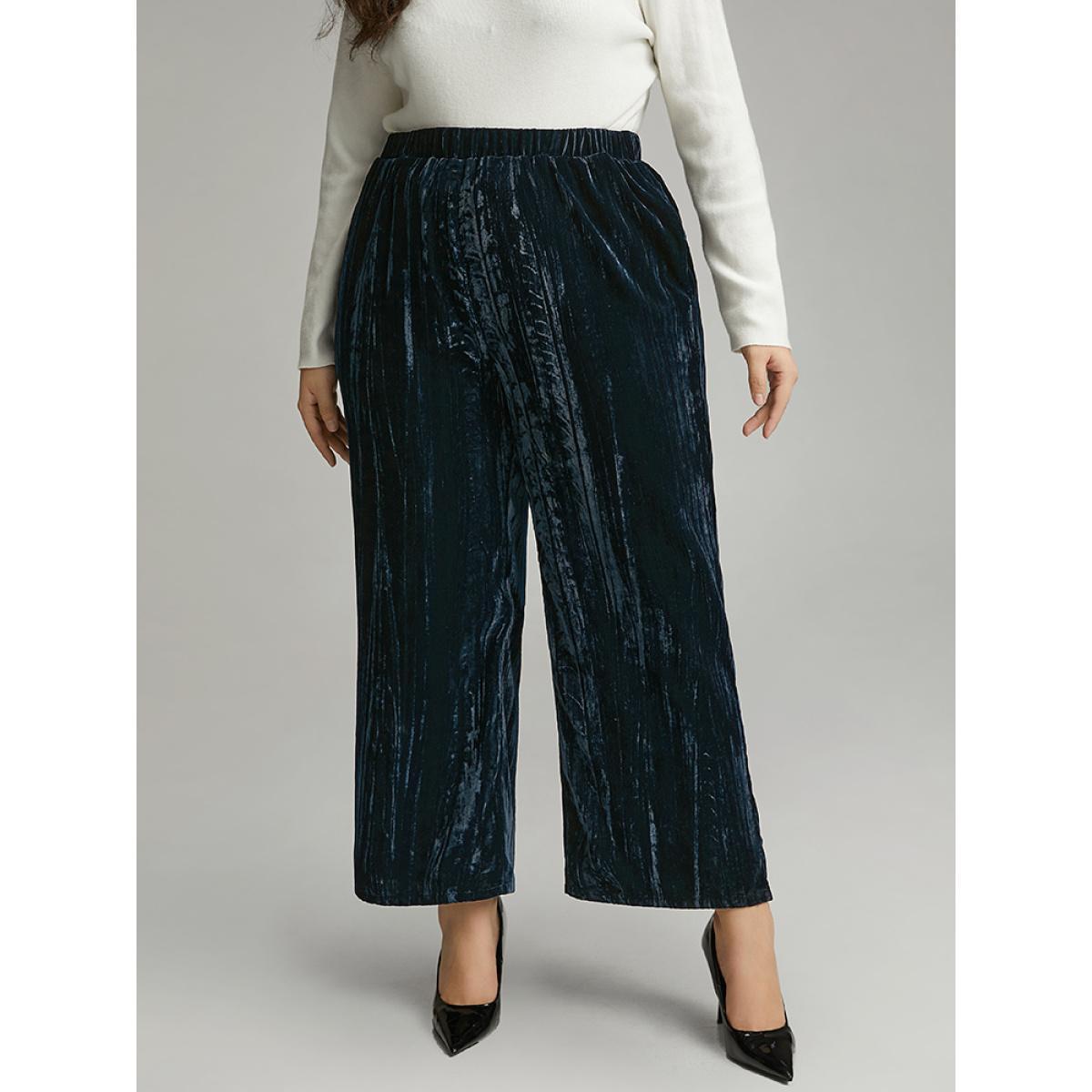 Plus Size Velvet Elastic Waist Pocket Straight Leg Pants Women Indigo Elegant Straight Leg High Rise Dailywear Pants BloomChic 28/5X Product Image