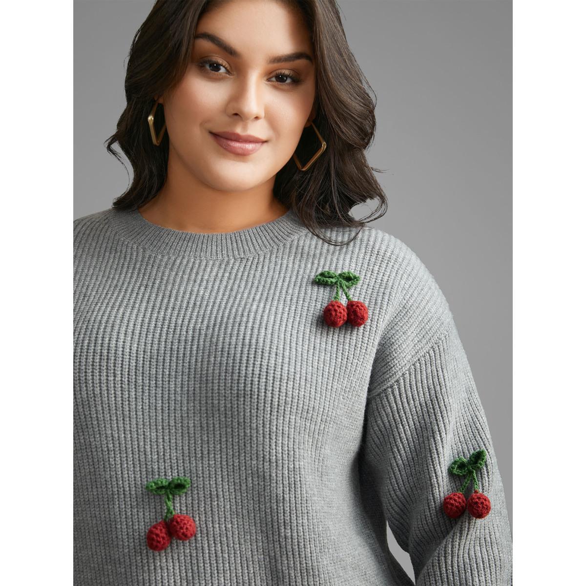 Plus Size Supersoft Essentials Stereo Cherry Design Pullover Mediumgray Women Casual Loose Long Sleeve Round Neck Everyday Pullovers BloomChic 12/L Product Image