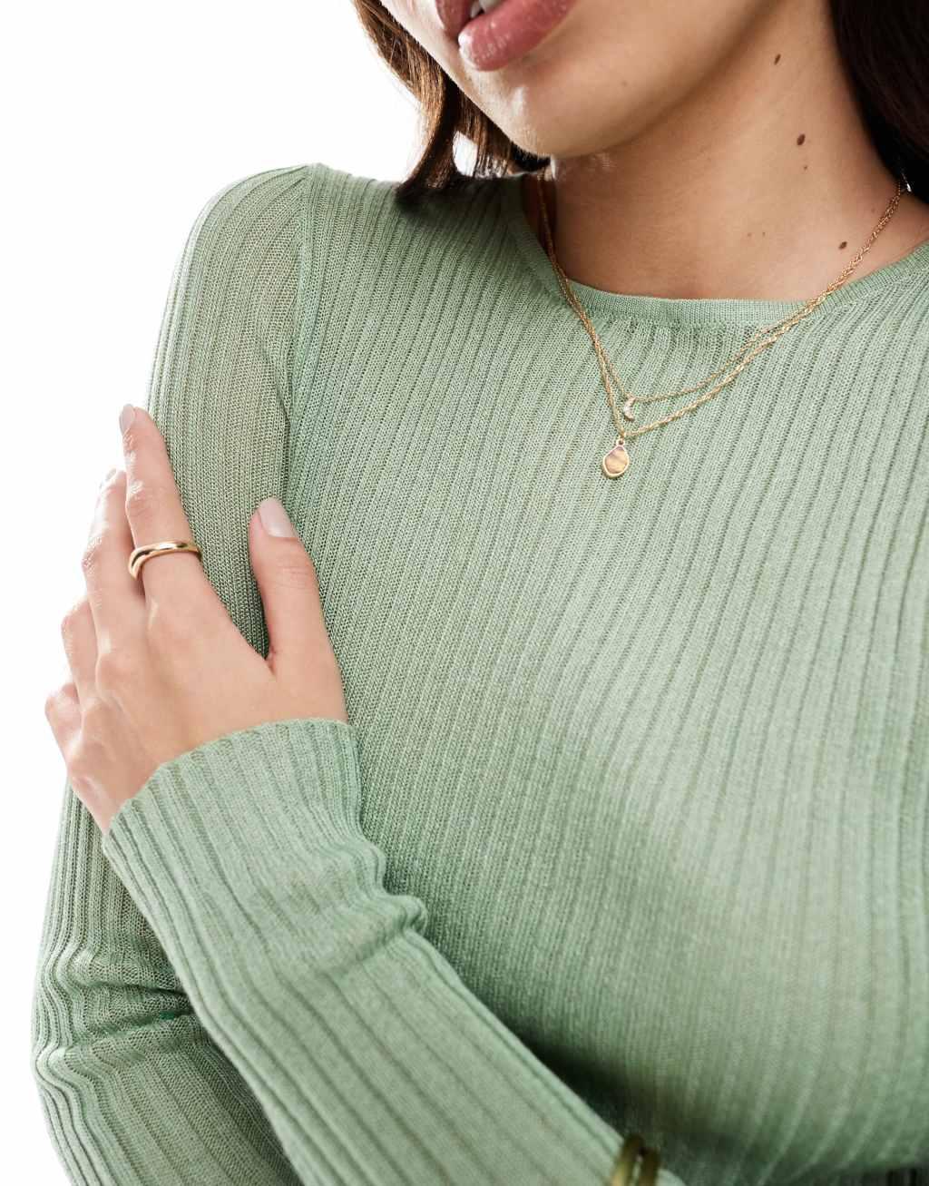 Mango fine knit ribbed sweater in sage green Product Image