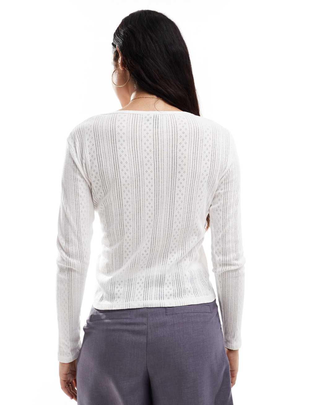 Vero Moda pointelle long sleeve top in white Product Image
