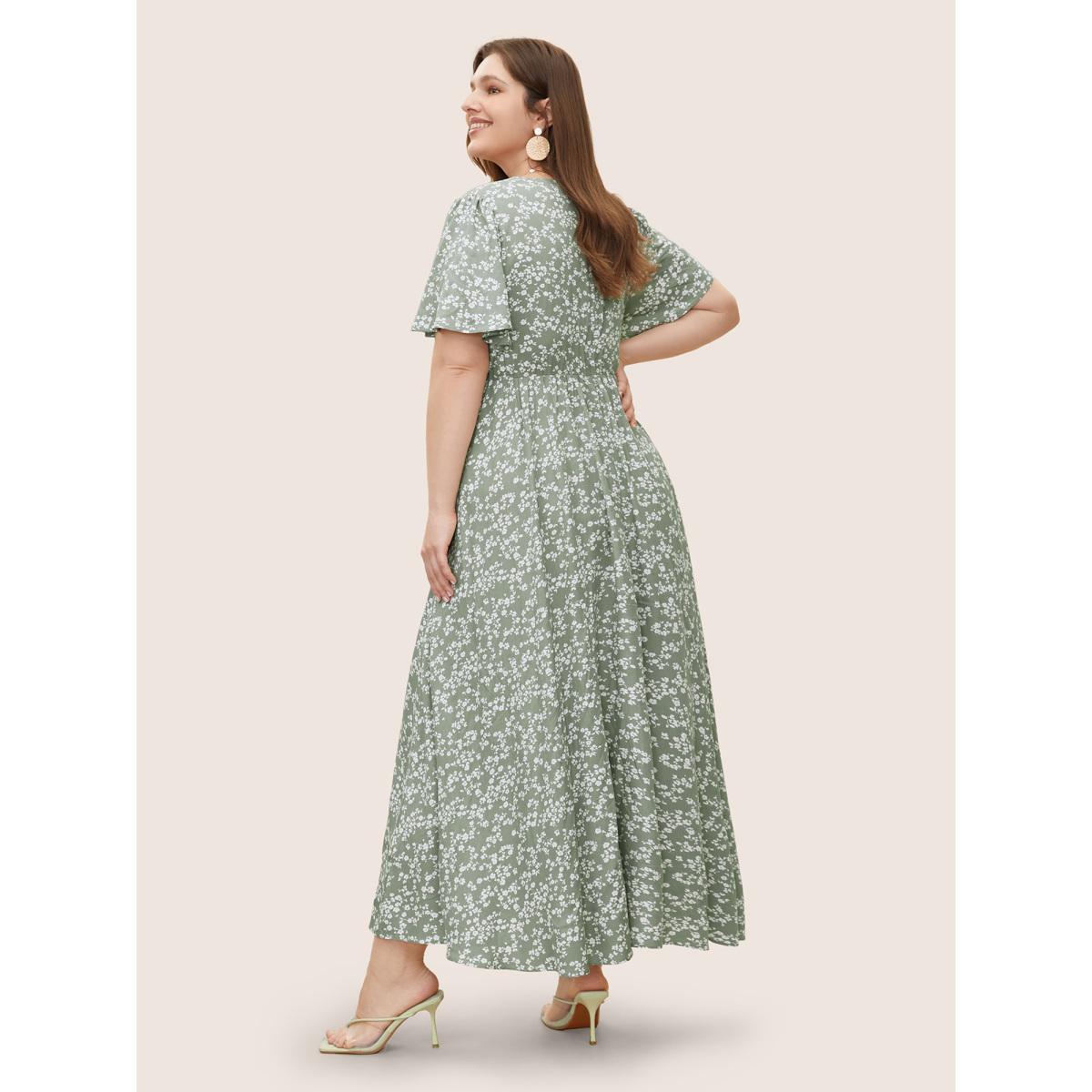 Ditsy Floral Printed Vintage Plus Size Women Vacation Long Dress Ruffle Sleeve Half Sleeve V Neck Pocket Elegance Dresses BloomChic Product Image