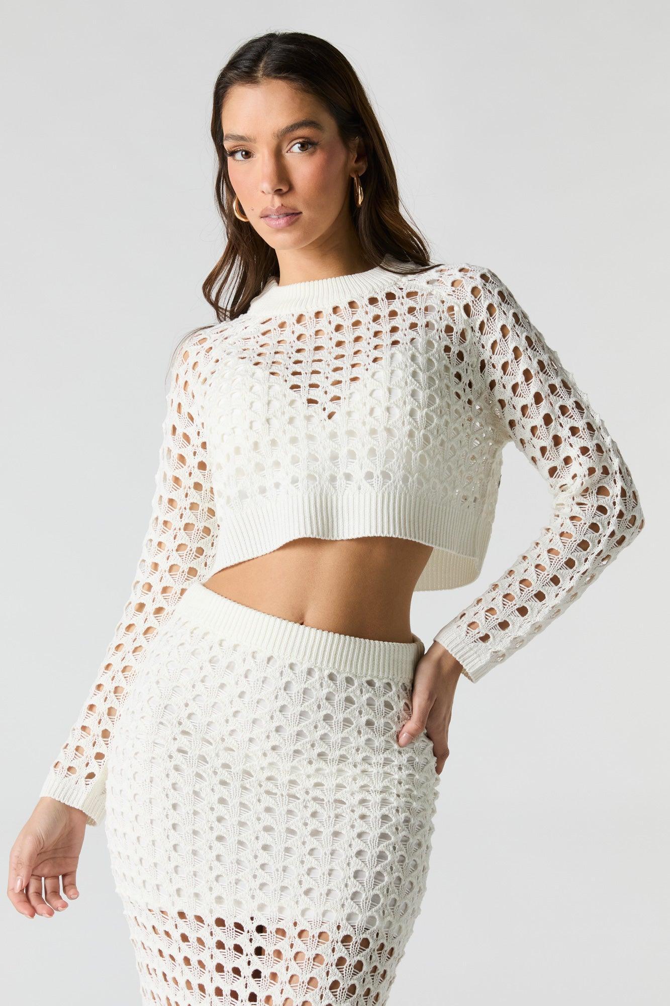 Open Knit Long Sleeve Crop Top Female Product Image