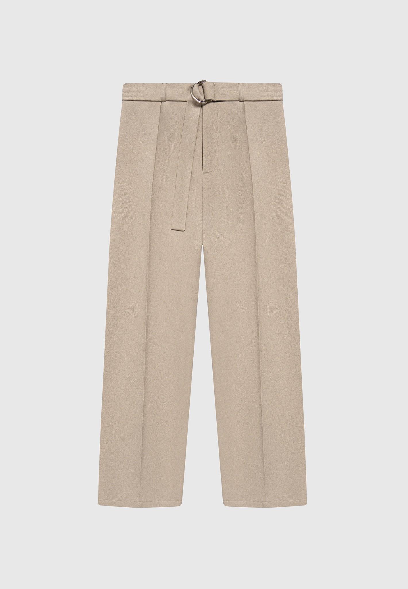 Relaxed Fit Textured Belted Tailored Trousers - Beige Male Product Image
