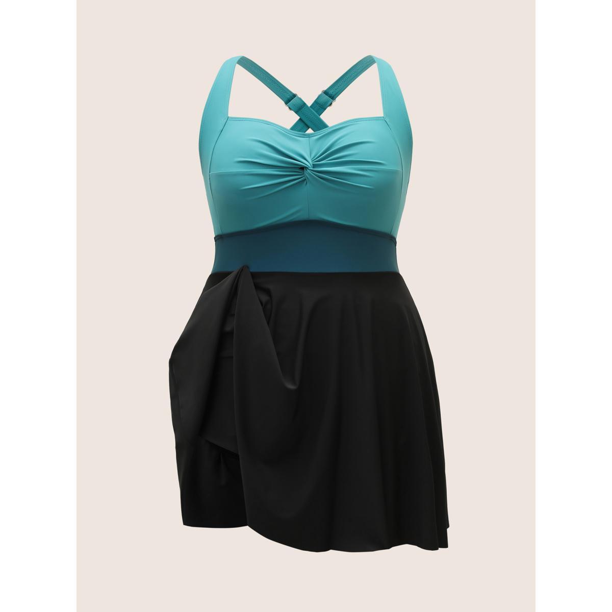 Plus Size Crossover Patchwork Heart Neckline Swim Dress Women's Swimwear Teal Beach Bodycon Heart neckline High stretch Curve Swim Dresses BloomChic 28/5X Product Image