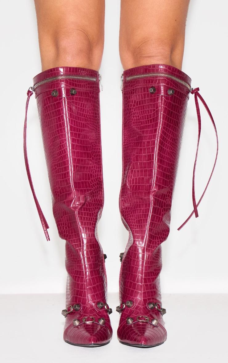 Burgundy Croc Pu Zip Detail Point Toe High Heeled Knee Boots Product Image