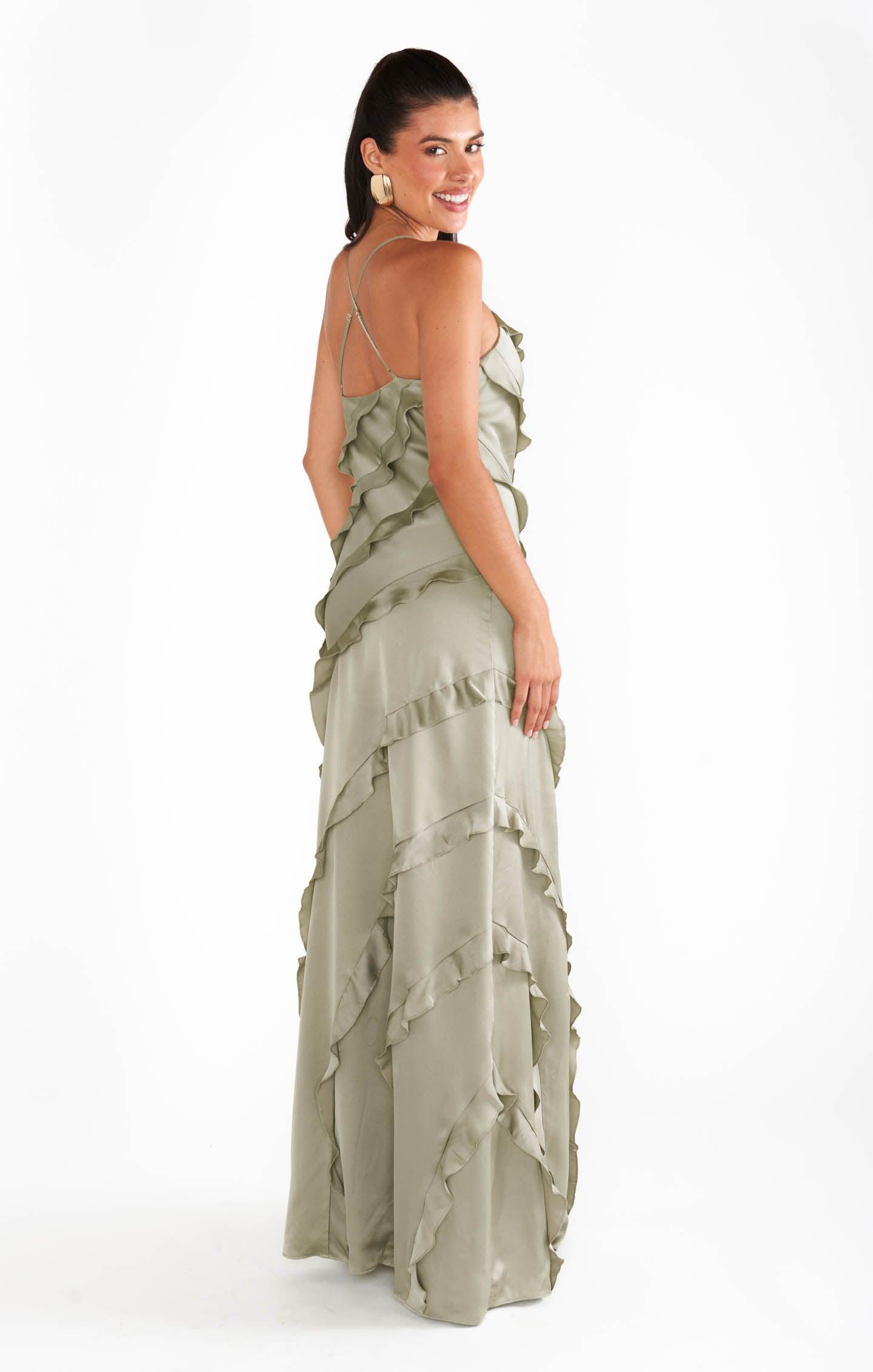 Romance Ruffle Dress ~ Moss Green Luxe Satin Product Image