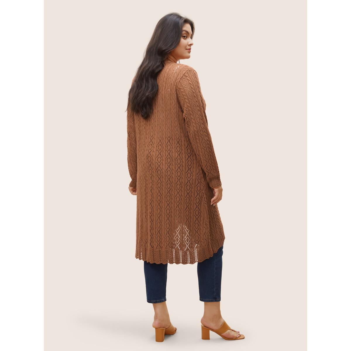 Plus Size Plain Ties Arc Hem Hollow Out Cardigan Chocolate Women Elegant Long Sleeve Everyday Cardigans BloomChic 14-16/1X Product Image