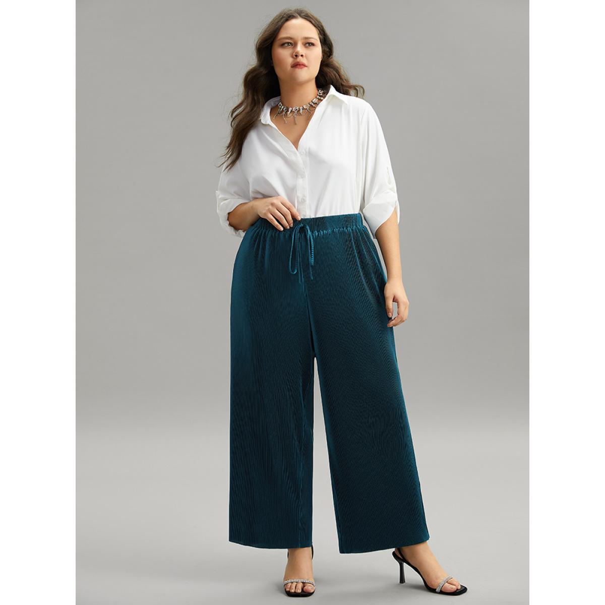Plus Size Solid Ties Plested Straight Leg Pants Women Cyan Office Wide Leg High Rise Dailywear Pants BloomChic 12/L Product Image