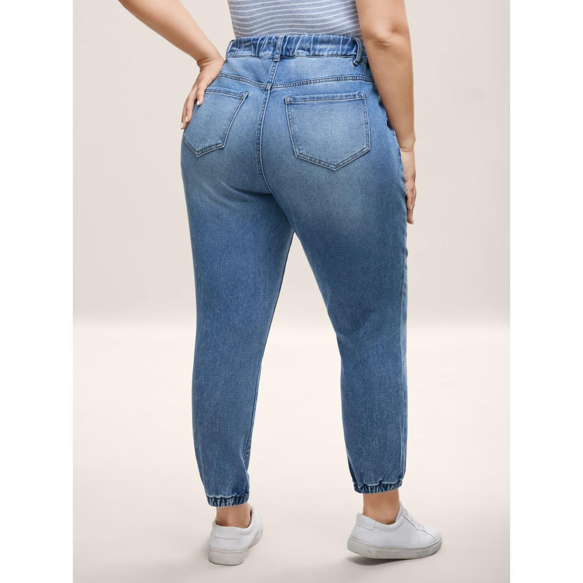 Plus Size Drawstring Waist Jogger Boyfriend Jeans Women Midblue Medium stretch Slanted pocket Jeans BloomChic 24/3X Product Image