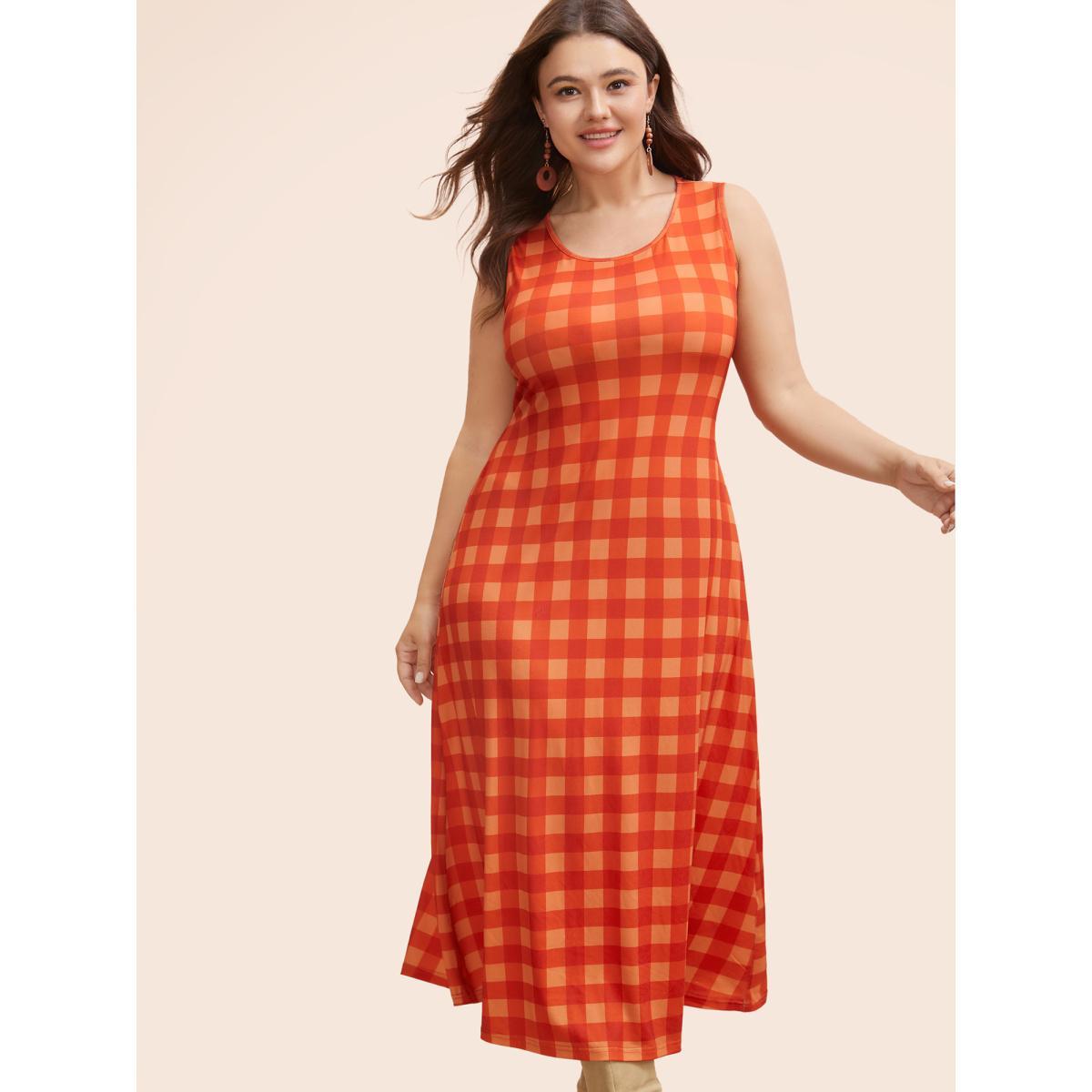 Plus Size Round Neck Plaid Tank Dress Brightred Women Casual Non Round Neck Sleeveless Curvy BloomChic 12/L Product Image