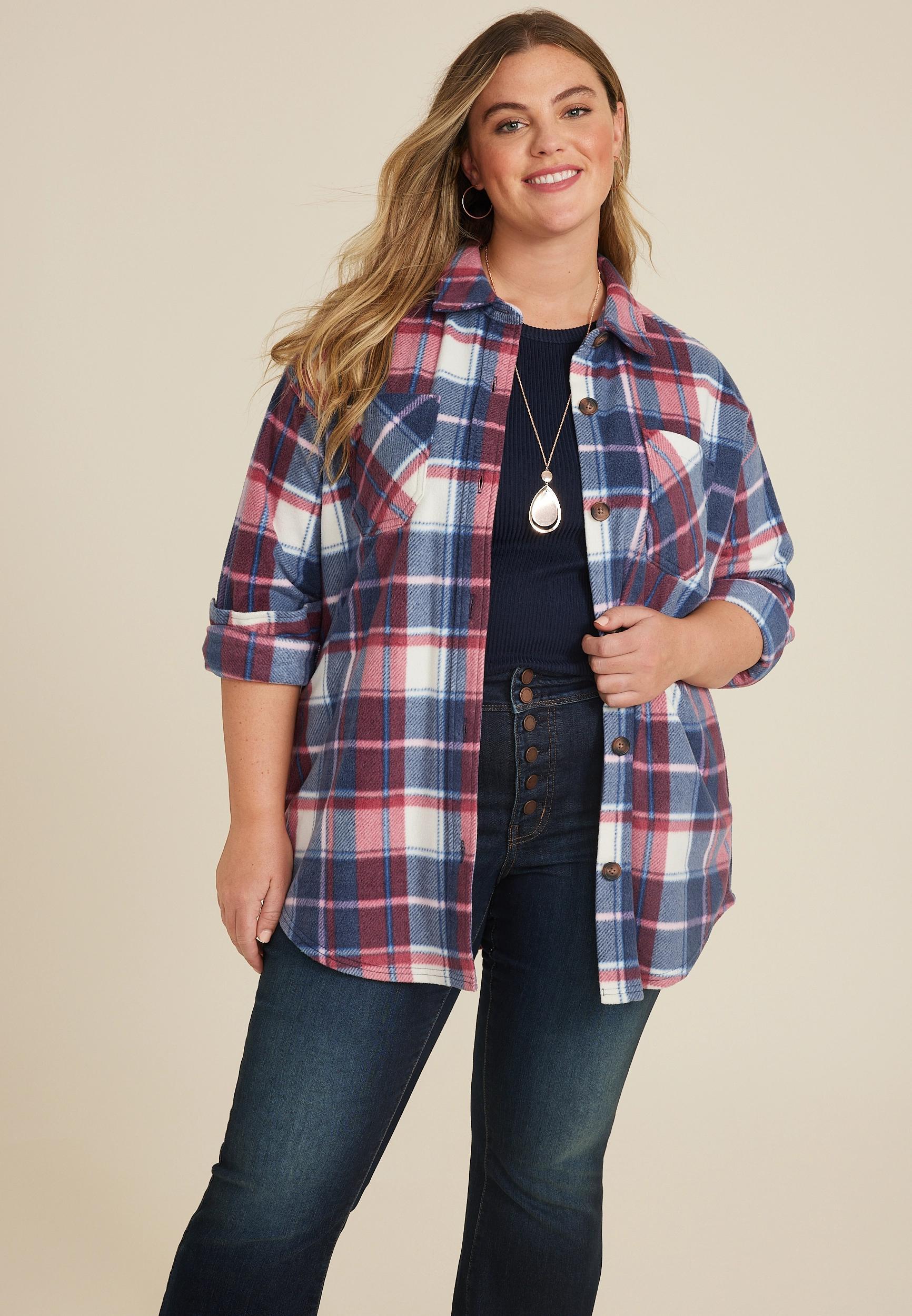 Maurices Plus Size Womens Wilder Plaid Fleece Shacket Beige Size 4X Product Image