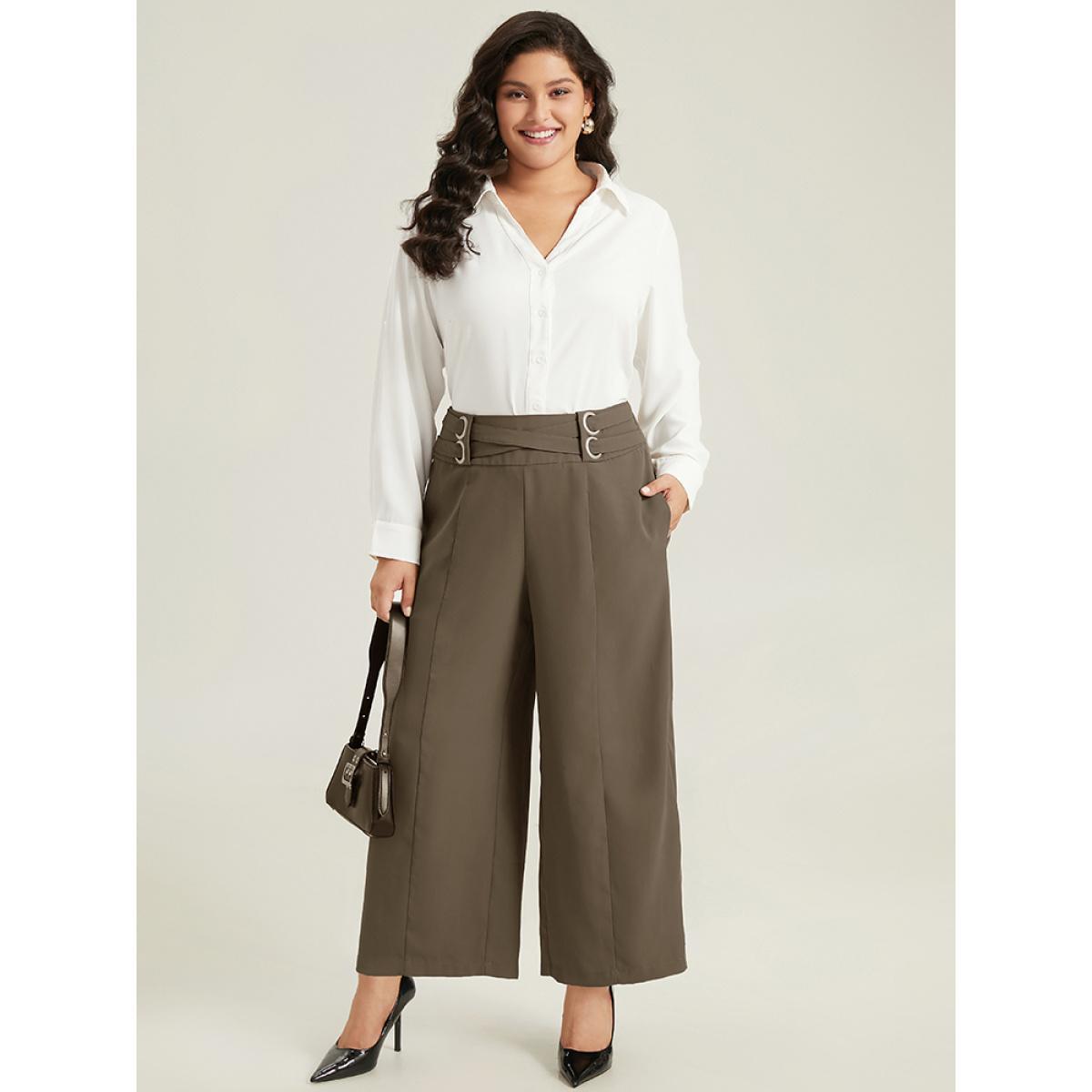 Plus Size Anti-Wrinkle High Rise Control Metal Detail Pants Women DarkBrown Office Wide Leg High Rise Work Pants BloomChic 18-20/2X Product Image