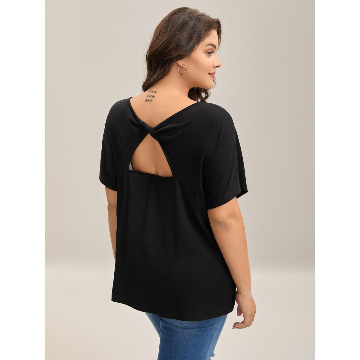 Plus Size Backless Knotted Plain T-Shirt Black Women Twist Round Neck Everyday-Casual T-shirts BloomChic 12/L Product Image