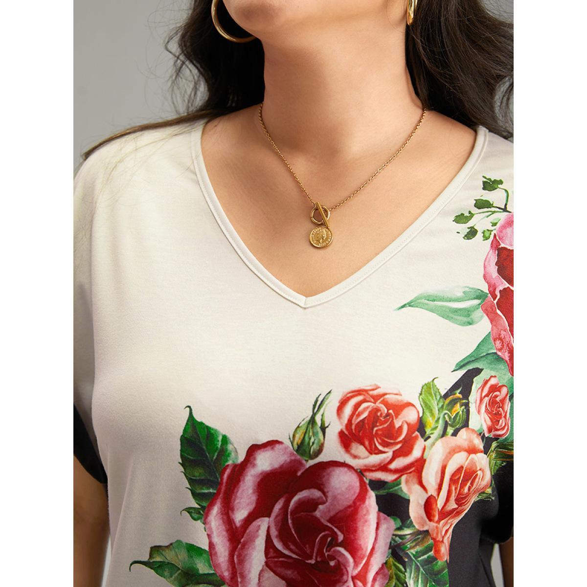 Plus Size Boho Print Roll Batwing Sleeve T-shirt Black Women Casual Contrast Floral V-neck Dailywear T-shirts BloomChic 18-20/2X Product Image