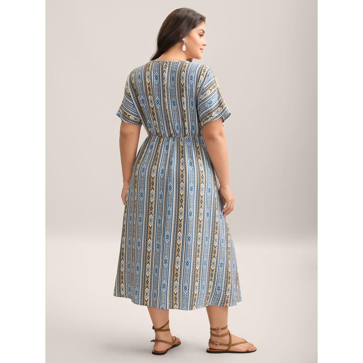 Plus Size Boho Stripes Rayon Pockets Maxi Dress Stone Women Overlap Collar Short sleeve Curvy BloomChic 14-16/1X Product Image