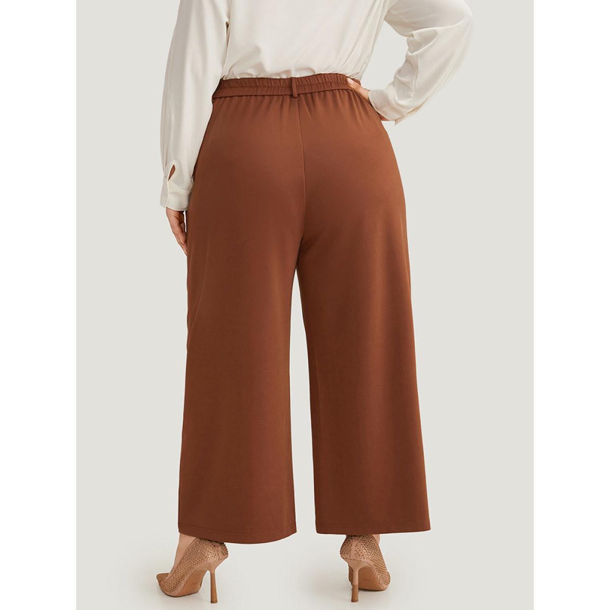 Plus Size Solid Pocket Plicated Detail Pants Women Chocolate Office Straight Leg High Rise Work Pants BloomChic 28/5X Product Image