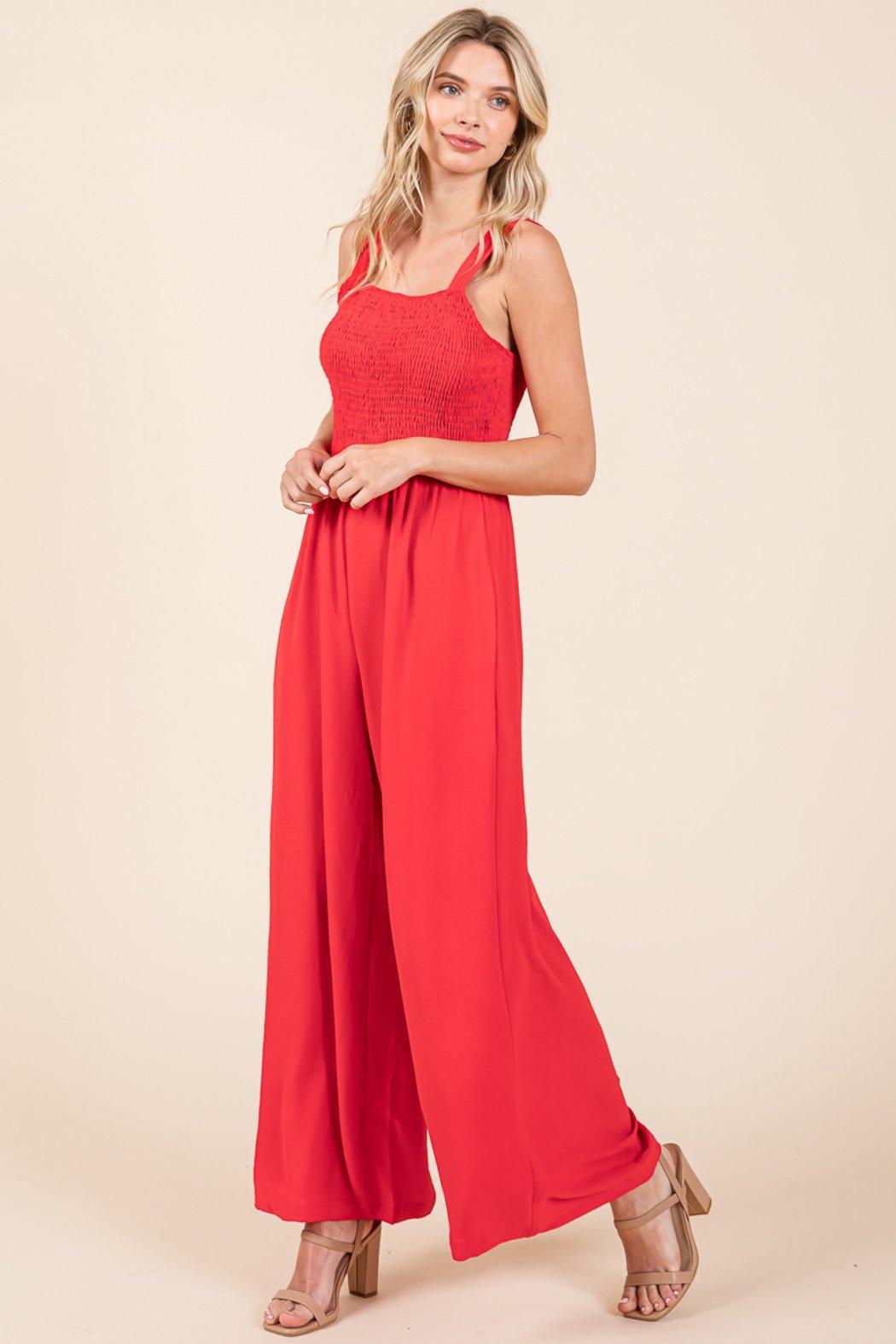 Smocked Strap Wide Leg Pleated Jumpsuit Product Image