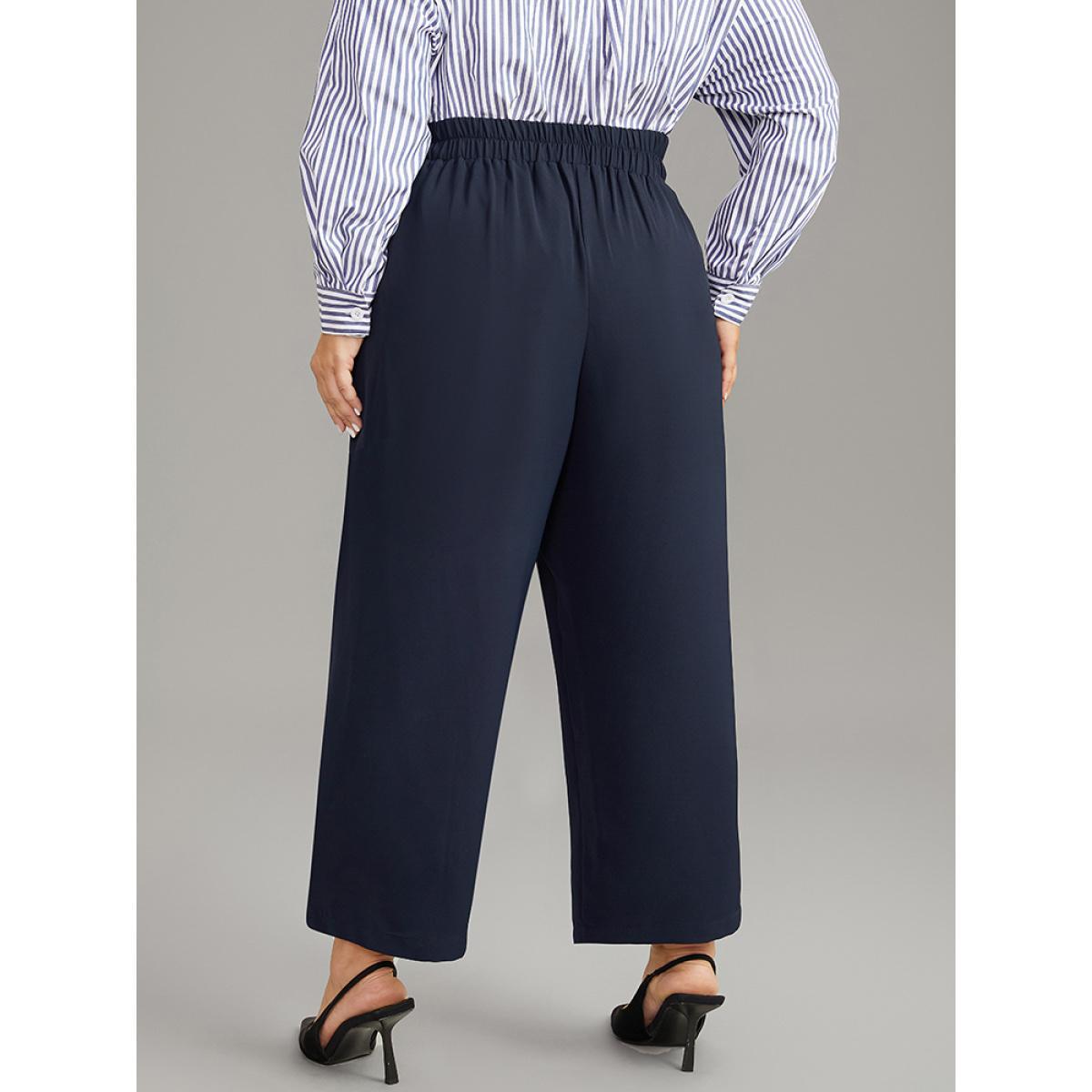 Plus Size Plain Buckle Detail Bowknot Pocket Pants Women Midnight Elegant High Rise Dailywear Pants BloomChic 28/5X Product Image