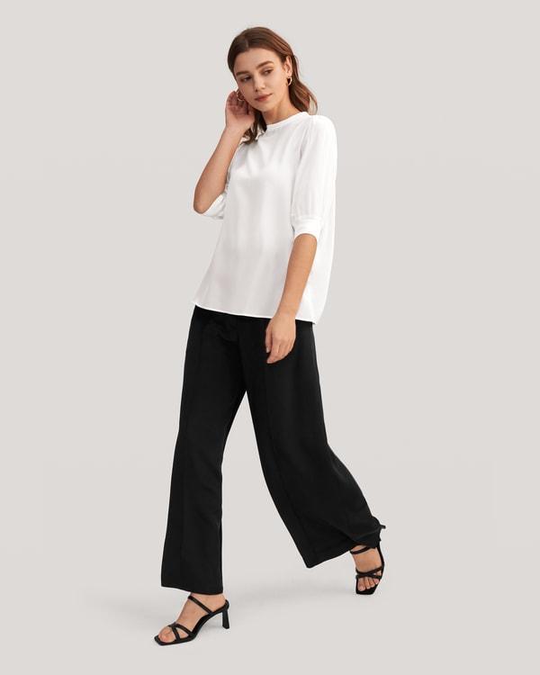 Elegant Casual Silk Tee With Rib Cuff Product Image