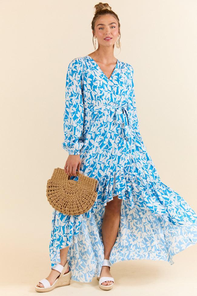 Palmetto Paradise Blue and White Long Sleeve Maxi Dress SALE Product Image
