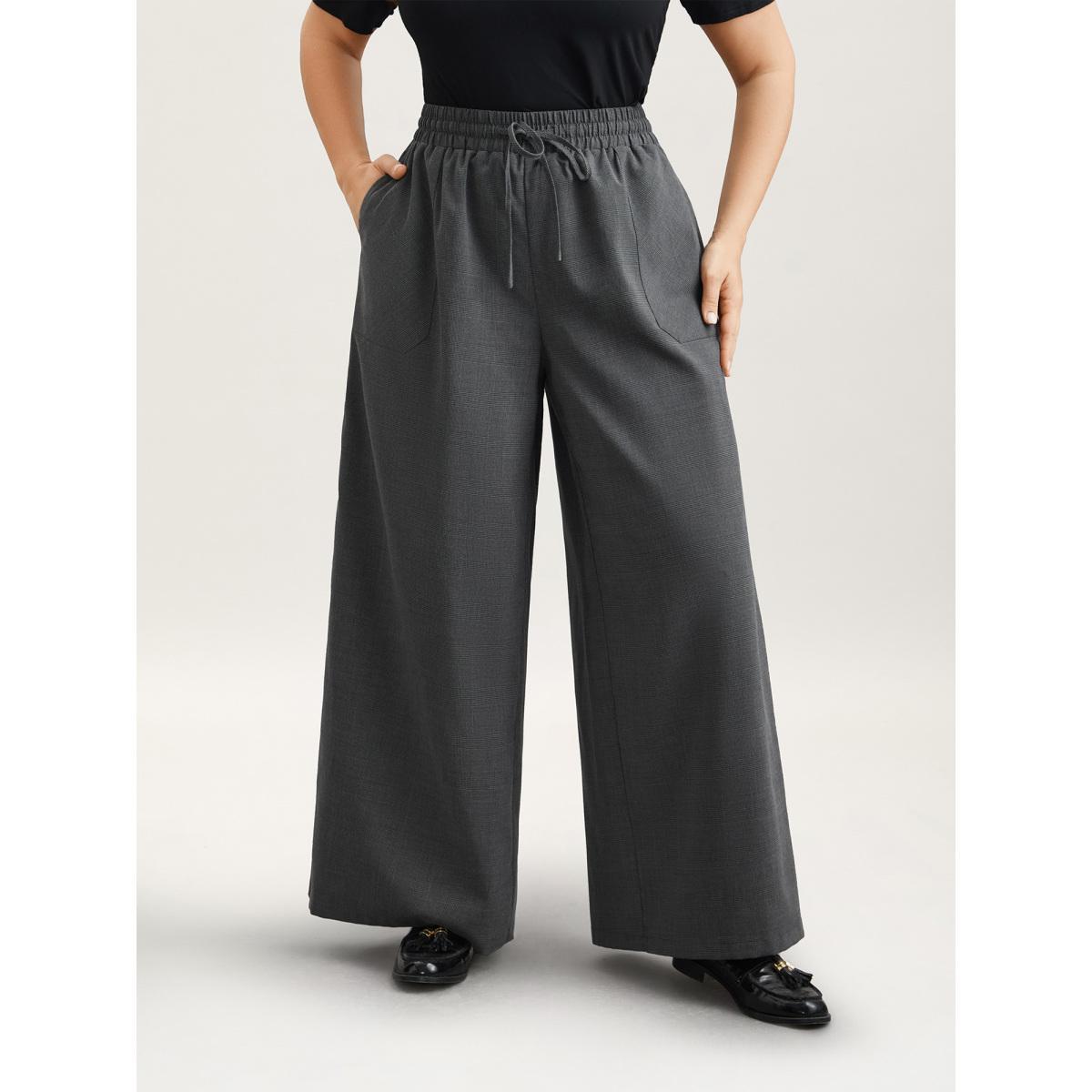 Plus Size Waist Drawstring Plaid Wide Leg Pants Women Black At the Office Wide Leg Mid Rise Work Pants BloomChic 26/4X Product Image