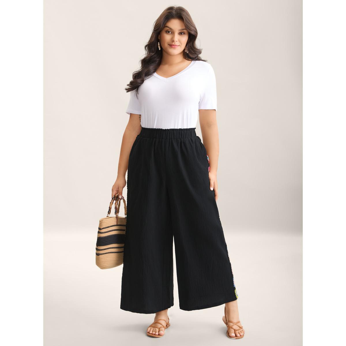 Plus Size Shirred Waist Wide-Leg Spliced Pants Women Black Resort Wide Leg Mid Rise Vacation Pants BloomChic 26/4X Product Image
