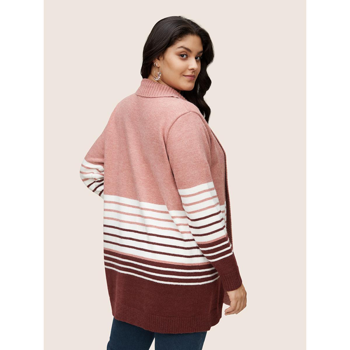 Plus Size Striped Colorblock Contrast Lapel Collar Cardigan Watermelon Women Casual Loose Long Sleeve Dailywear Cardigans BloomChic 26/4X Product Image